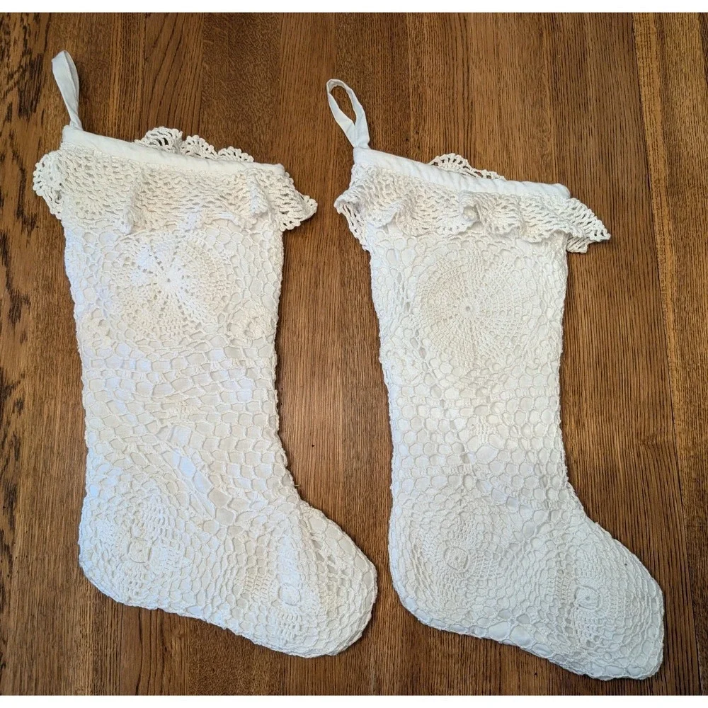 2 Vintage White Lace Crocheted Christmas Holiday Stockings